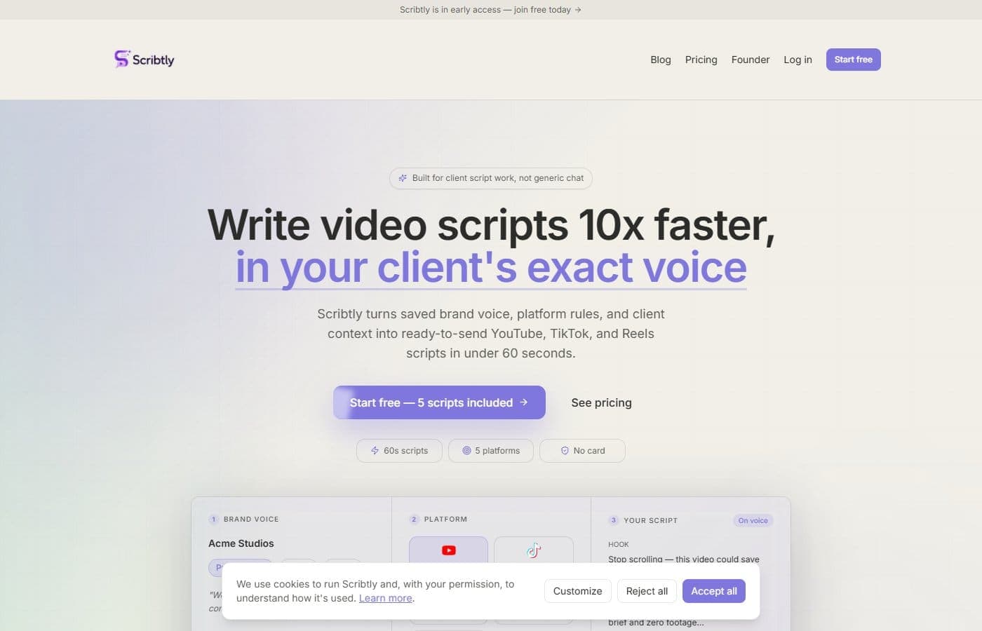 Scribtly: Write Video Scripts 10x Faster in Your Client's Exact Voice