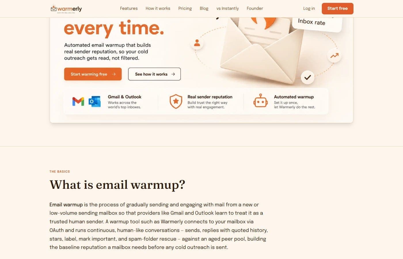 Warmerly features section - Gmail & Outlook integration, real sender reputation, automated warmup with illustrated UI