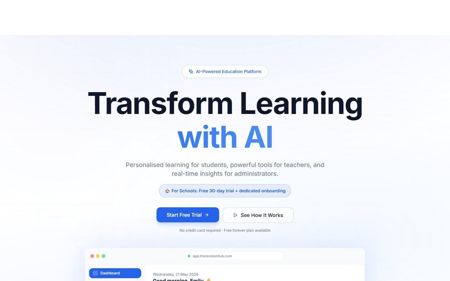 The Revision Hub platform features - AI-powered tools for students, teachers and administrators