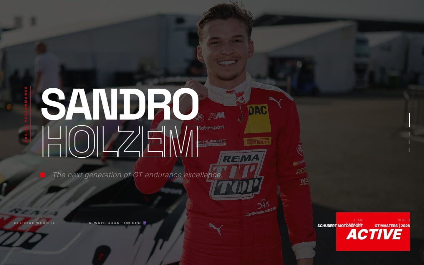 Sandro Holzem career and statistics sections - detailed race history, GT series record, partner visibility metrics