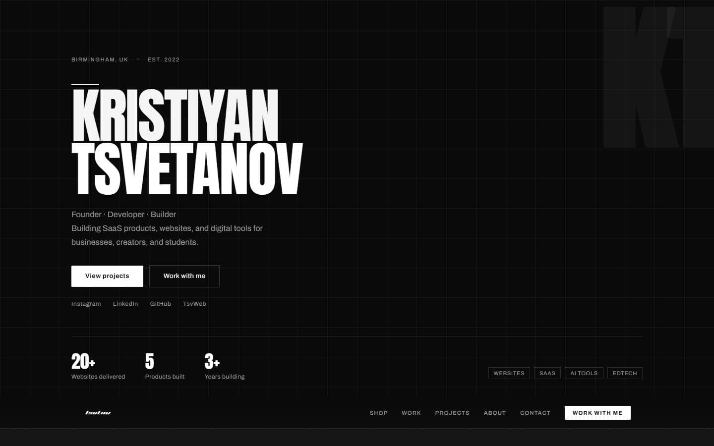 Tsvetanov.co.uk projects section - TsvWeb studio, Warmerly SaaS and Vonlix booking platform cards